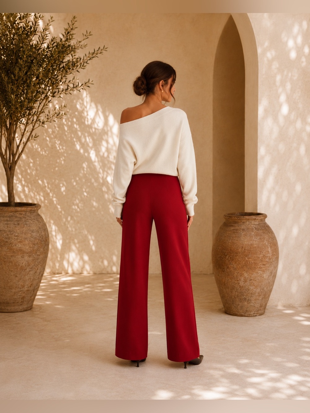 Commense Burgundy Wide-Leg High-Rise Trousers - Picture 2 of 5